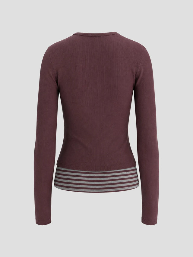 None Unit Layered Stripe Henley Long-sleeve Top in wine red product back view