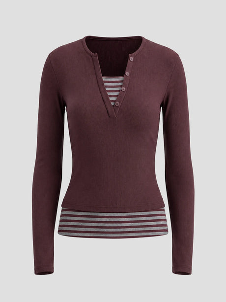 None Unit Layered Stripe Henley Long-sleeve Top in wine red product front view