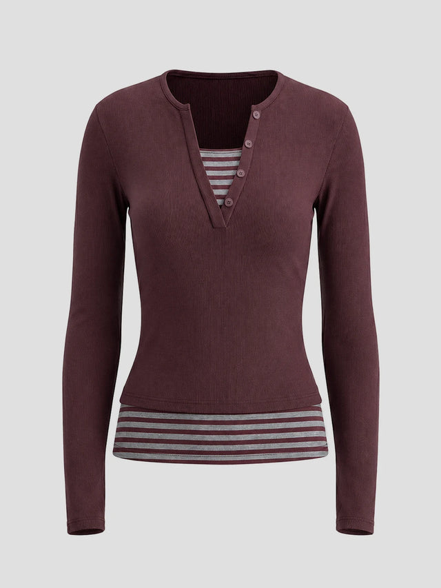 None Unit Layered Stripe Henley Long-sleeve Top in wine red product front view