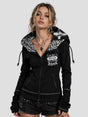 None Unit Leopard Cross Reversible Zip Hoodie in black female model front view