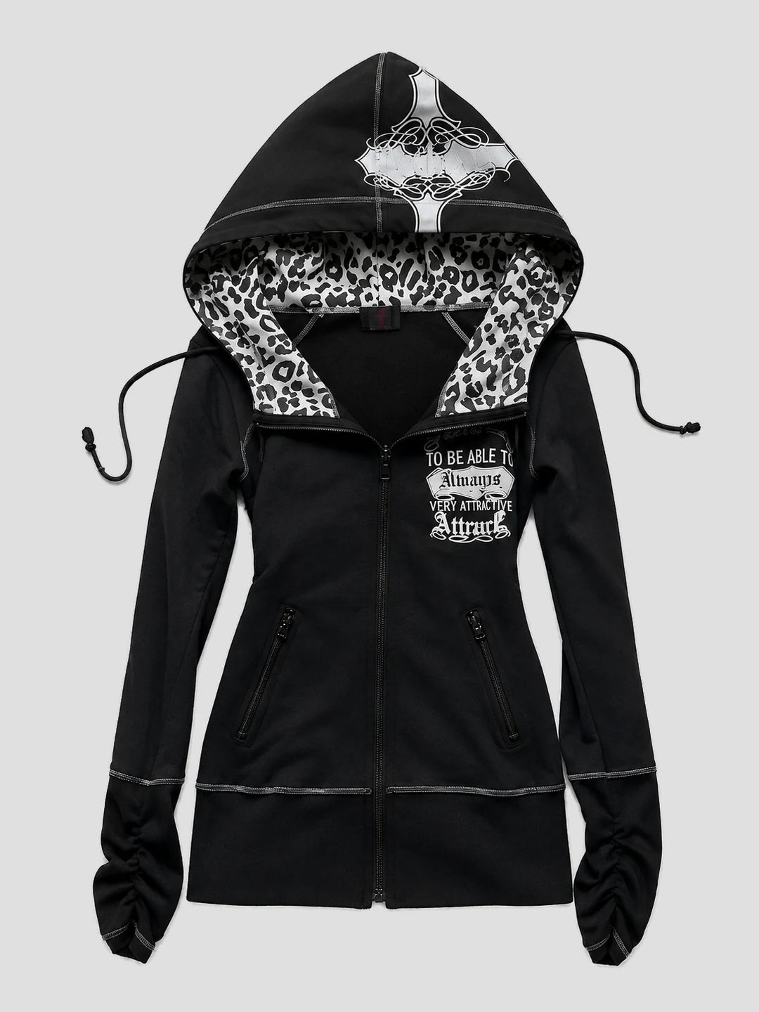 None Unit Leopard Cross Reversible Zip Hoodie in black product front view