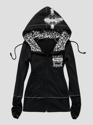 None Unit Leopard Cross Reversible Zip Hoodie in black product front view