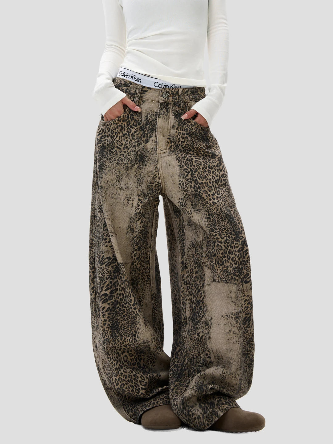 None Unit Leopard Wash Barrel Jeans in brown female model angled view