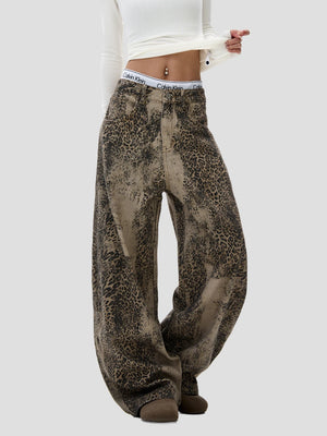 None Unit Leopard Wash Barrel Jeans in brown female model pose view