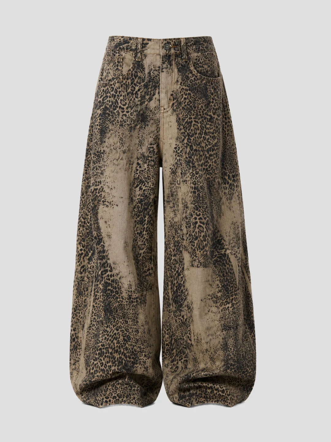 None Unit Leopard Wash Barrel Jeans in brown product front view
