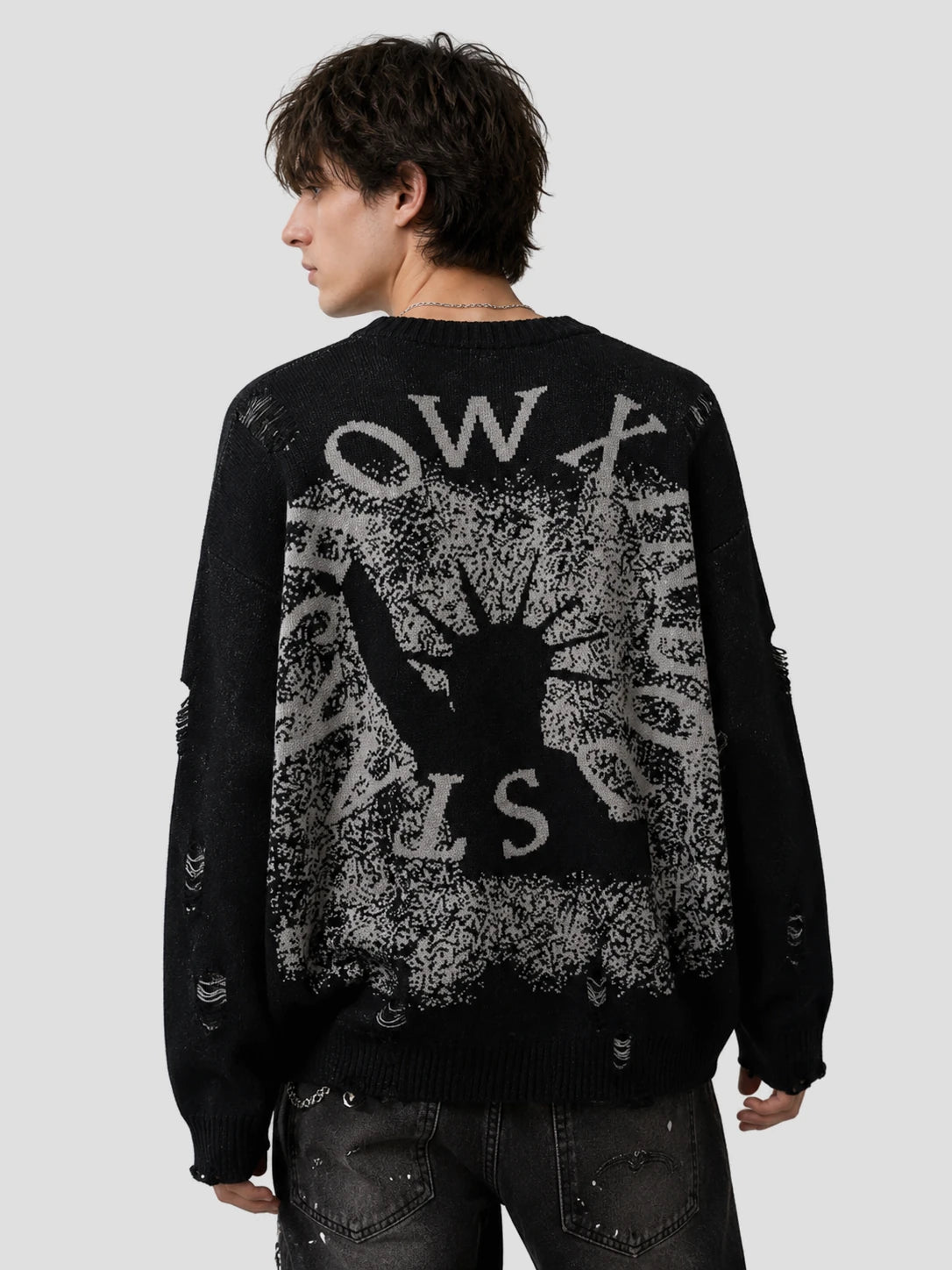 None Unit Liberty Hand Distressed Graphic Sweater in black male model back view