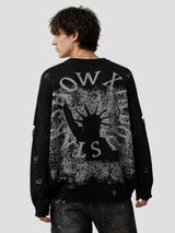 None Unit Liberty Hand Distressed Graphic Sweater in black male model back view