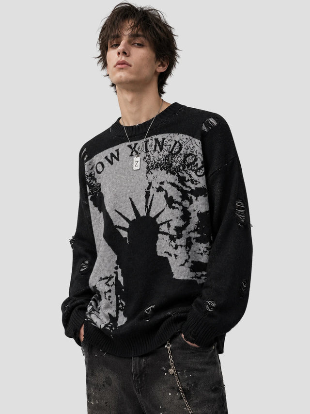 None Unit Liberty Hand Distressed Graphic Sweater in black male model front view