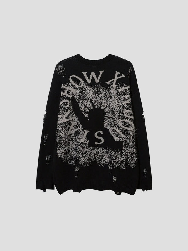 None Unit Liberty Hand Distressed Graphic Sweater in black product back view