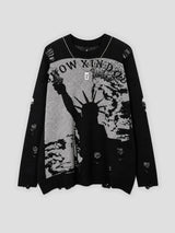 None Unit Liberty Hand Distressed Graphic Sweater in black product front view