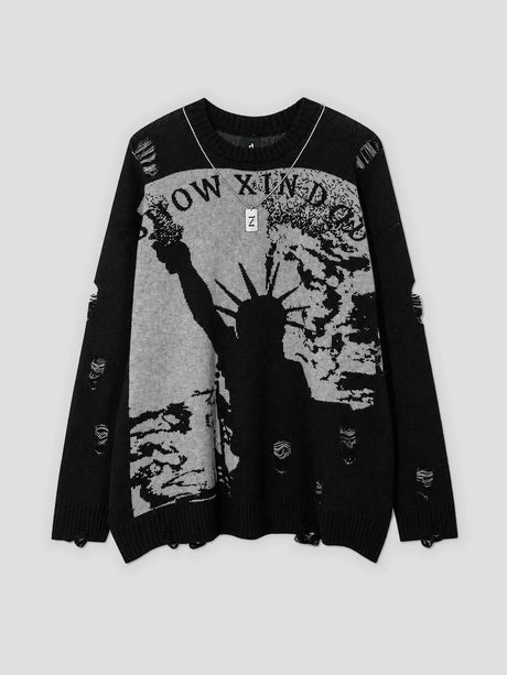 None Unit Liberty Hand Distressed Graphic Sweater in black product front view