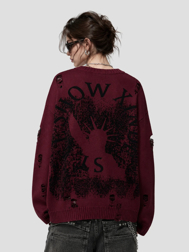 None Unit Liberty Hand Distressed Graphic Sweater in burgundy female model back view