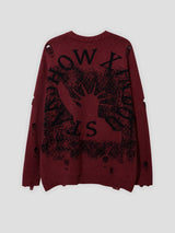 None Unit Liberty Hand Distressed Graphic Sweater in burgundy product back view