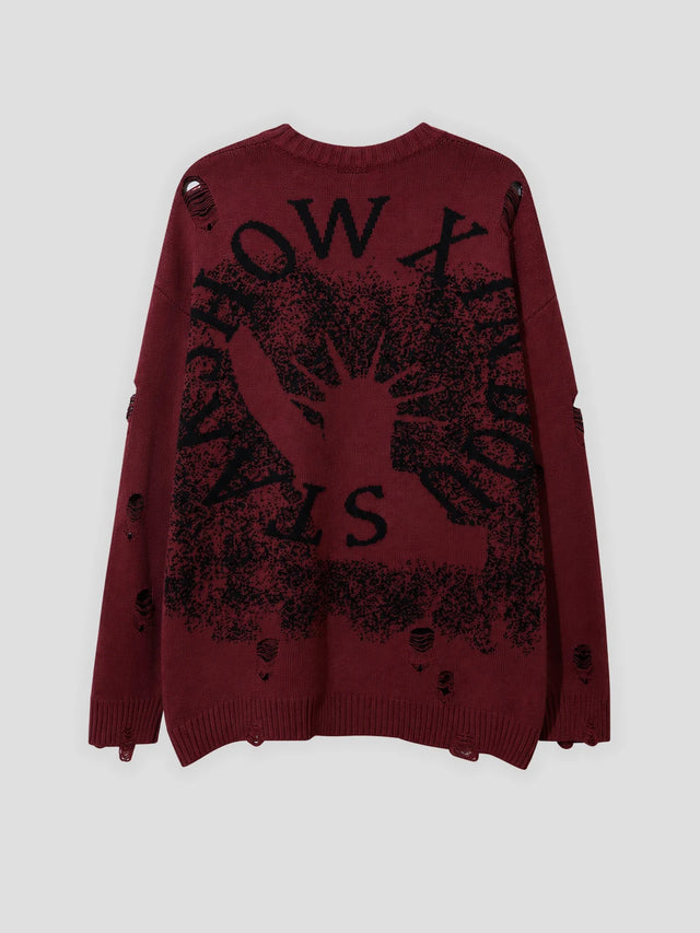 None Unit Liberty Hand Distressed Graphic Sweater in burgundy product back view
