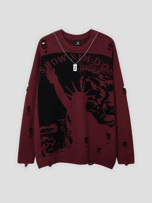 None Unit Liberty Hand Distressed Graphic Sweater in burgundy product front view