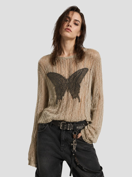 None Unit Moth Veil Distressed Knit Top in beige butterfly model detail view