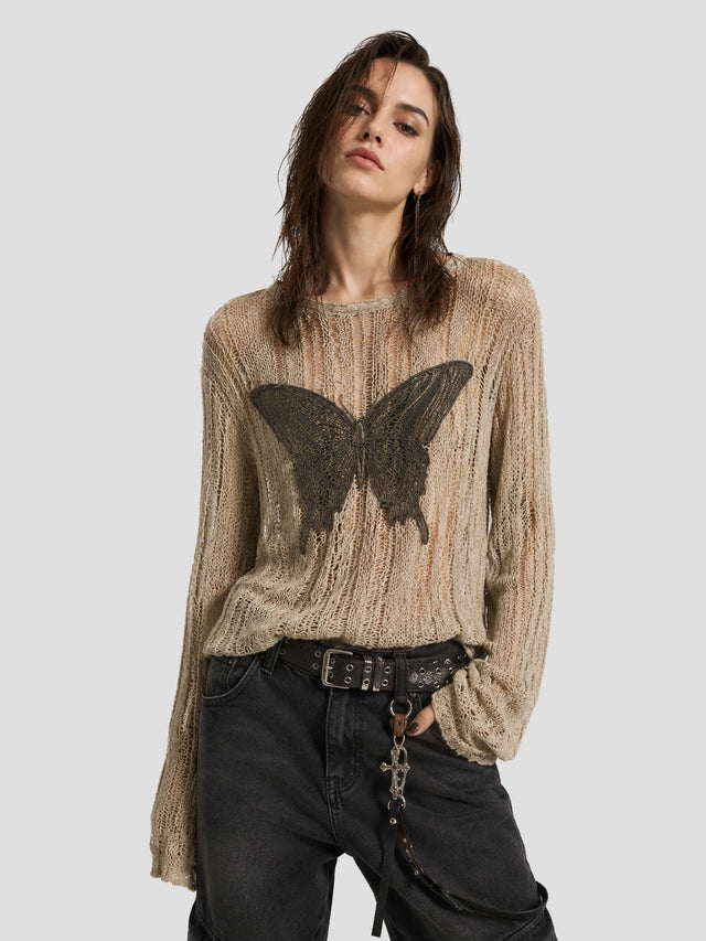 None Unit Moth Veil Distressed Knit Top in beige butterfly model detail view