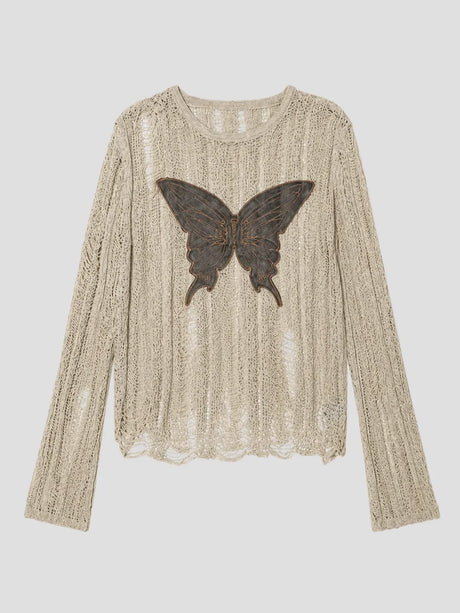 None Unit Moth Veil Distressed Knit Top in beige butterfly product front view