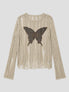 None Unit Moth Veil Distressed Knit Top in beige butterfly product front view