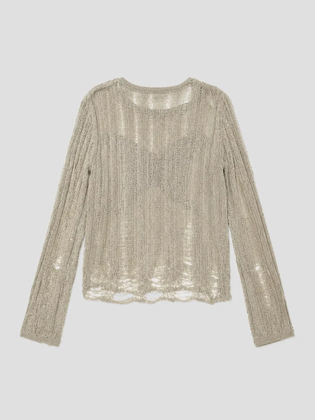 None Unit Moth Veil Distressed Knit Top in beige plain product front view