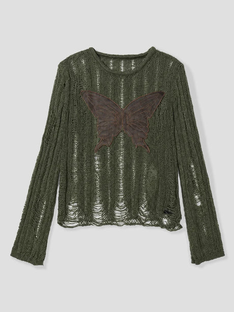 None Unit Moth Veil Distressed Knit Top in green butterfly product front view