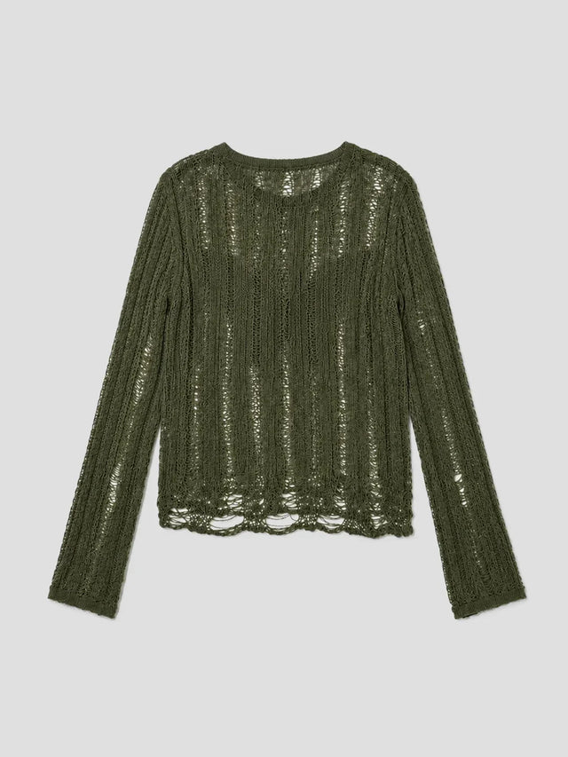 None Unit Moth Veil Distressed Knit Top in green plain product front view