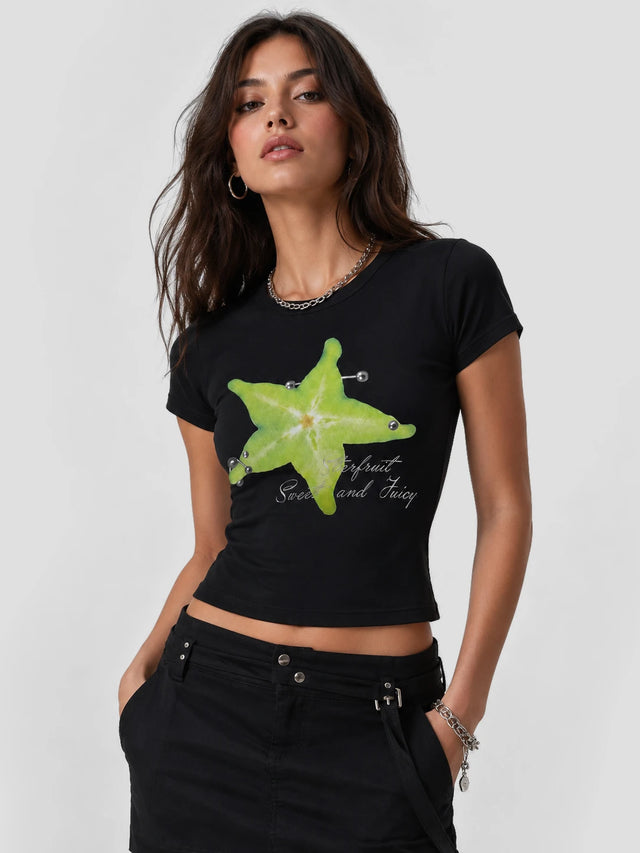 None Unit Neon Star Piercing Fitted Tee in black model front view