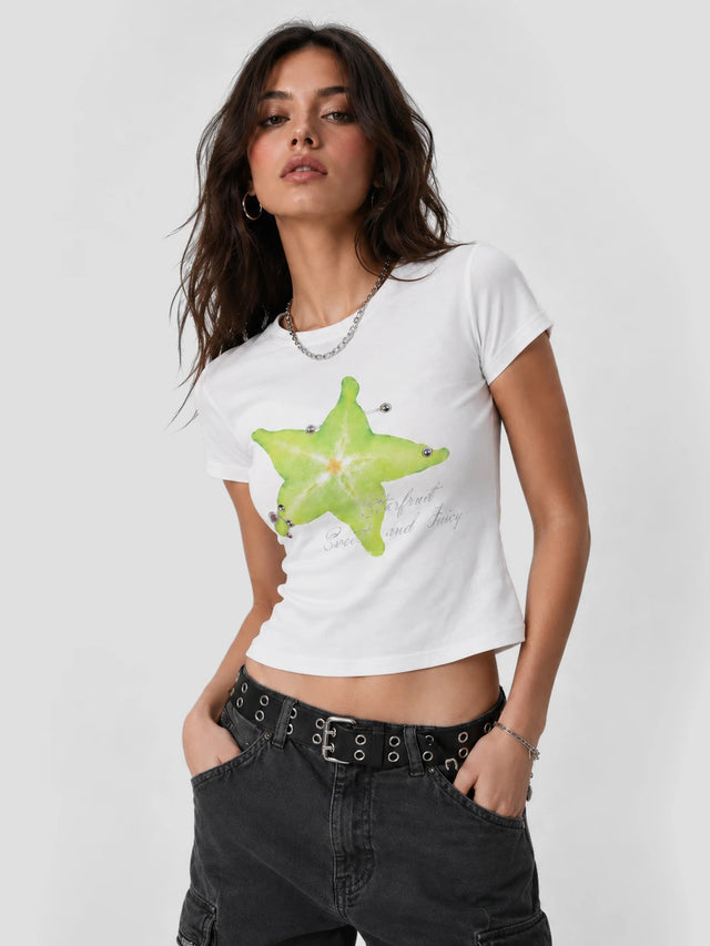 None Unit Neon Star Piercing Fitted Tee in white model front view