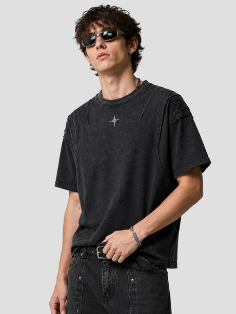 None Unit Orbital Panel Washed Tee in washed black model angle view
