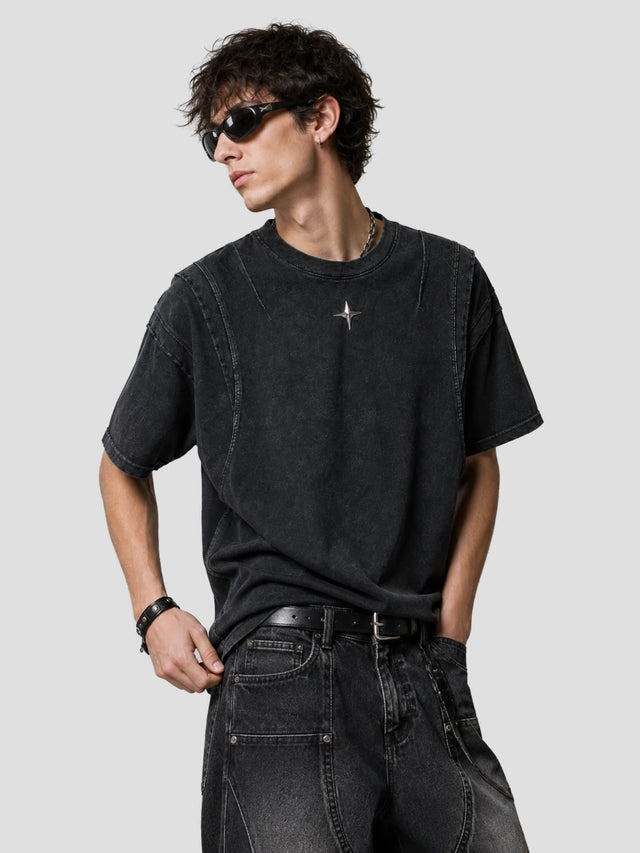 None Unit Orbital Panel Washed Tee in washed black model detail view