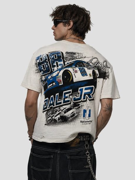 None Unit Racing 88 Distressed Tee in vintage white model back view