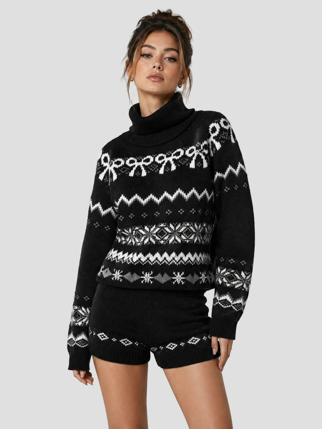 None Unit Ribbon Fairisle Knit Set in black model angle view