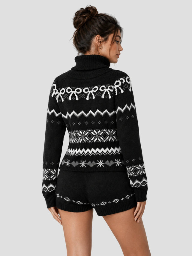 None Unit Ribbon Fairisle Knit Set in black model back view