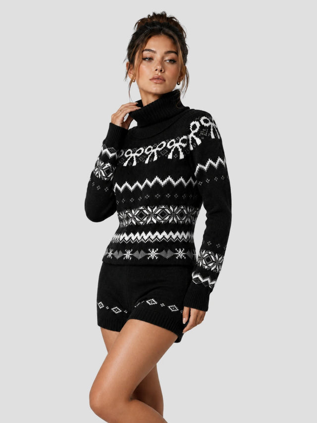 None Unit Ribbon Fairisle Knit Set in black model front view