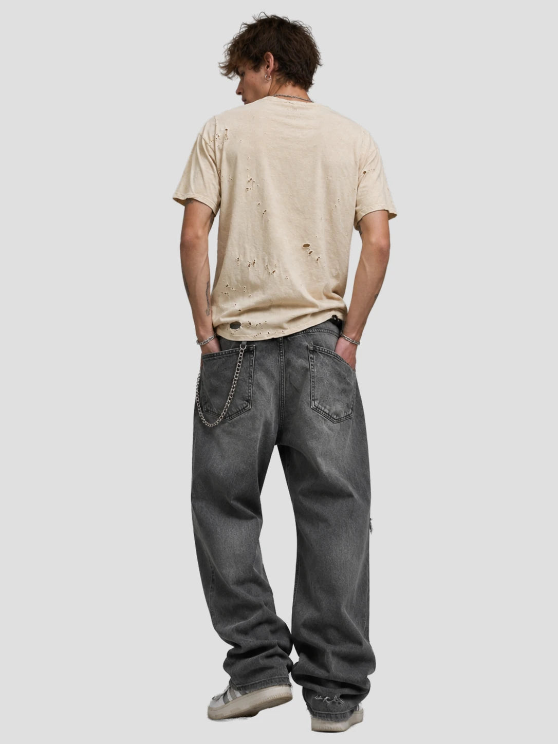 None Unit Ripped Washed Essential Tee in cream model back view