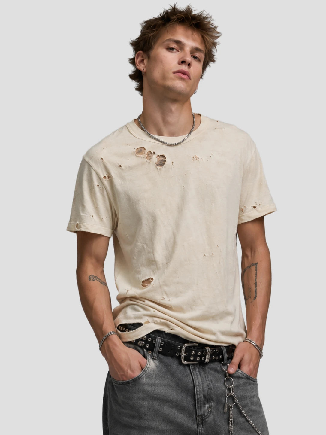 None Unit Ripped Washed Essential Tee in cream model front view