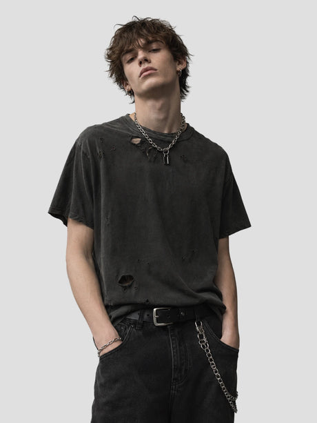 None Unit Ripped Washed Essential Tee in iron gray model front view