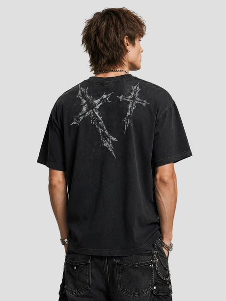 None Unit Ritual Cross Washed Tee in washed black model back view