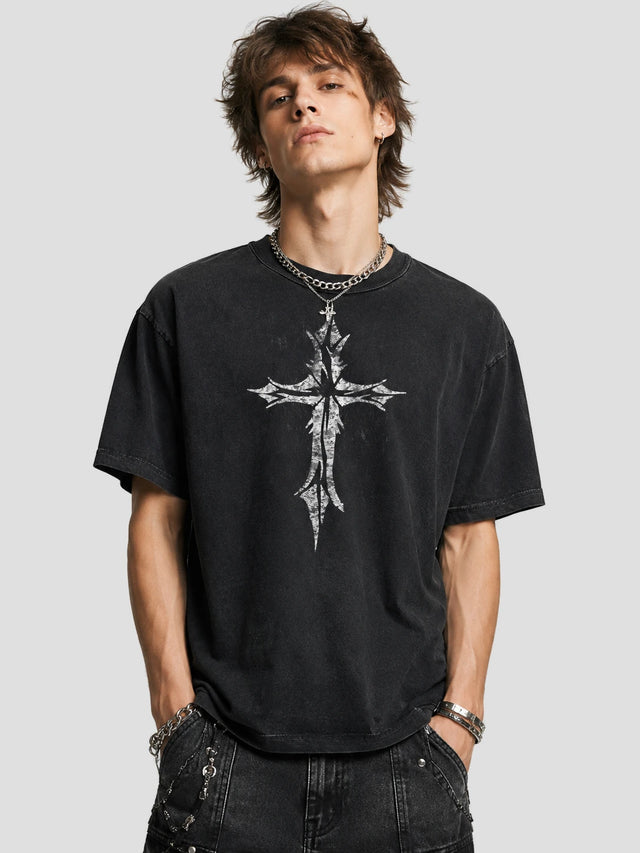 None Unit Ritual Cross Washed Tee in washed black model front view