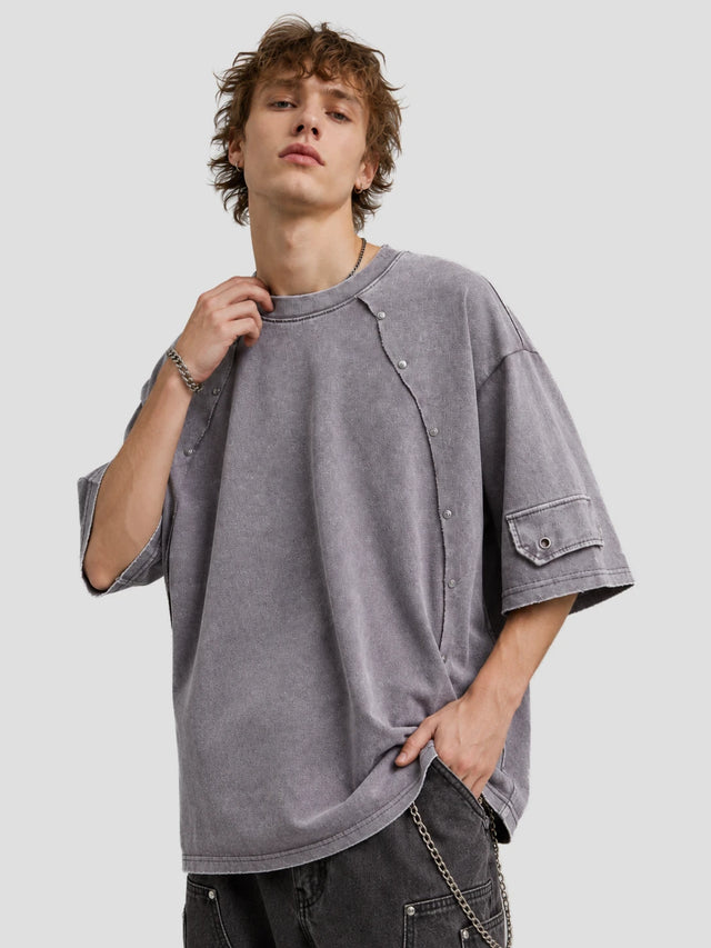 None Unit Rivet Assembly Washed Tee in washed gray model angle view
