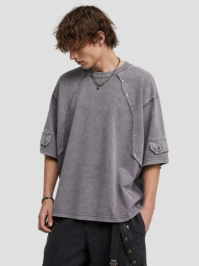 None Unit Rivet Assembly Washed Tee in washed gray model detail view