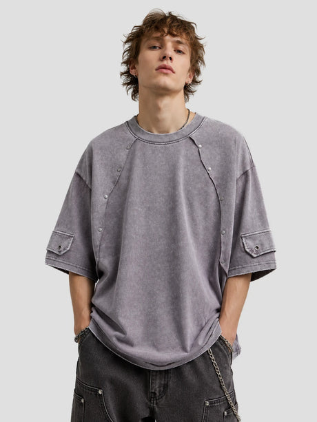 None Unit Rivet Assembly Washed Tee in washed gray model front view