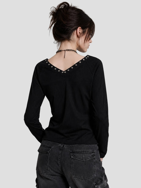 None Unit Rivet V-Neck Graphic Long-Sleeve Tee in black model back view