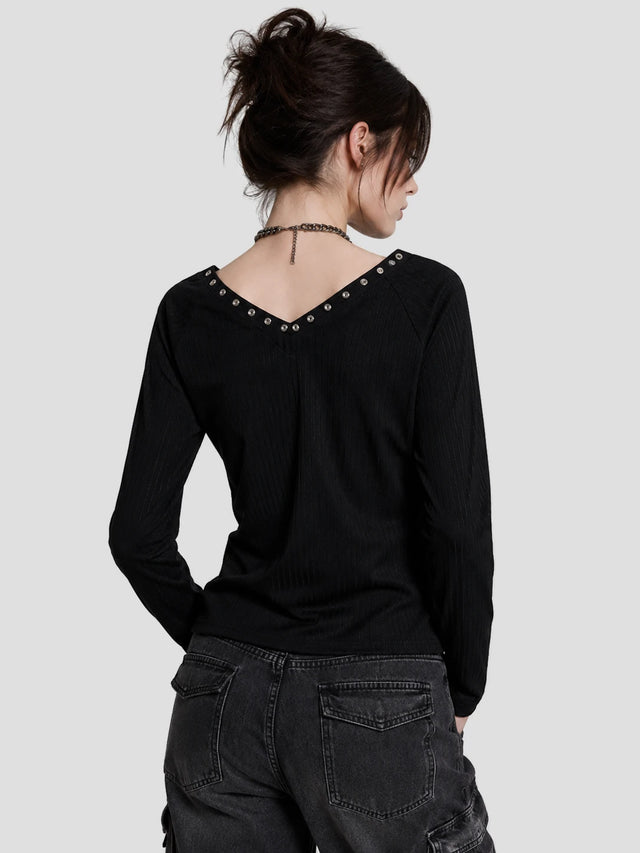 None Unit Rivet V-Neck Graphic Long-Sleeve Tee in black model back view