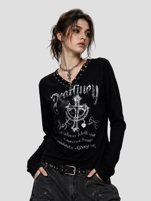 None Unit Rivet V-Neck Graphic Long-Sleeve Tee in black model front view