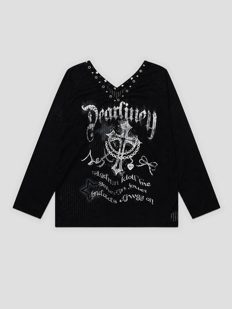 None Unit Rivet V-Neck Graphic Long-Sleeve Tee in black product front view