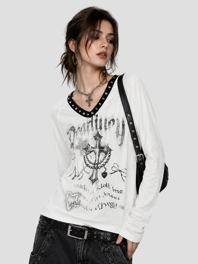 None Unit Rivet V-Neck Graphic Long-Sleeve Tee in white model front view