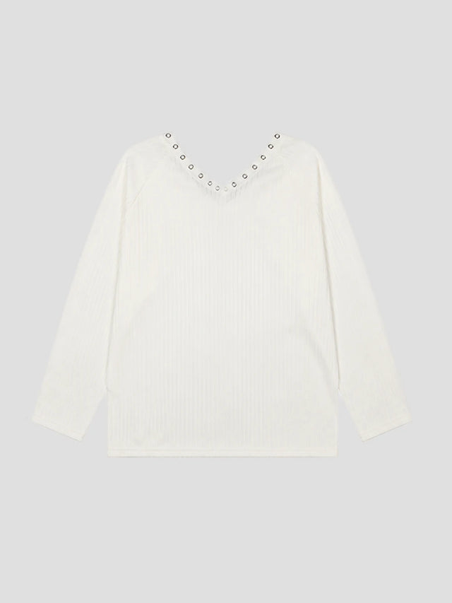 None Unit Rivet V-Neck Graphic Long-Sleeve Tee in white product back view
