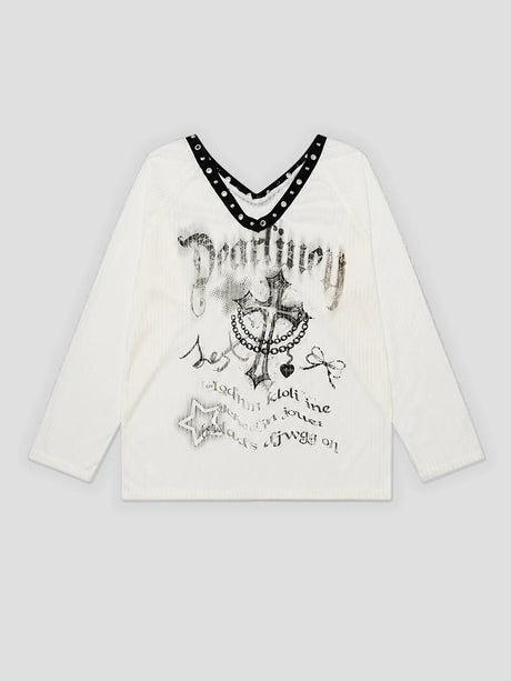 None Unit Rivet V-Neck Graphic Long-Sleeve Tee in white product front view
