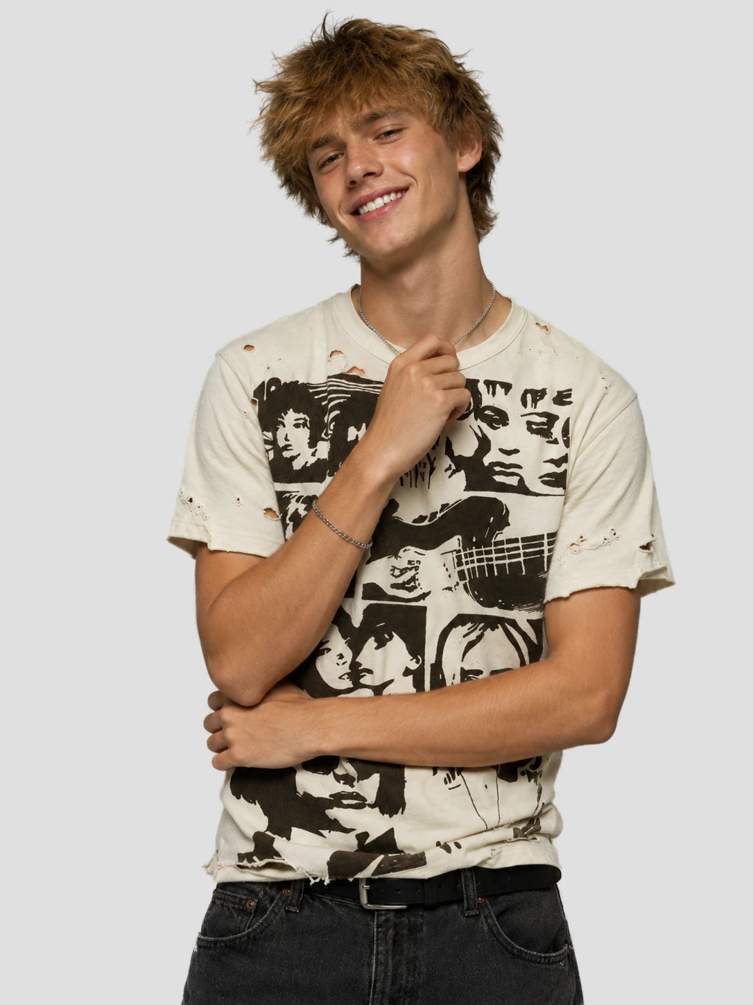 None Unit Rock Collage Distressed Graphic Tee in vintage white male model alternate front view